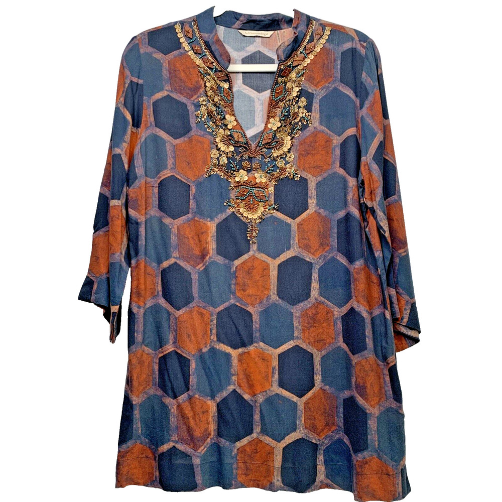 Soft Surroundings Tunic Medium Blouse Millefiori Blue Geometric Print Sequin Top